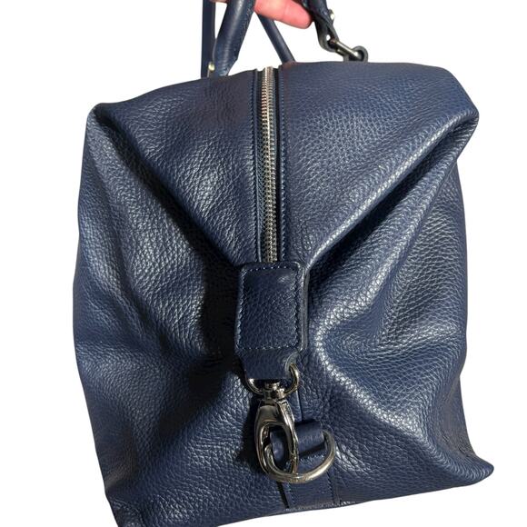 NAVY BLUE LEATHER DOUCALS WEEKEND DUFFEL BAG NWT - Picture 7 of 9